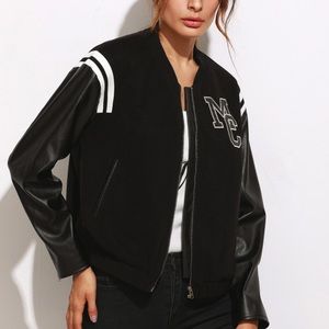 black leather patch mixed media bomber jacket